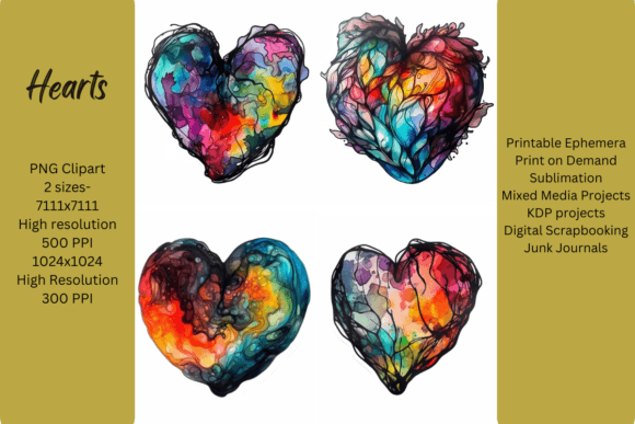 2 Sizes-4 PNG Clipart Ephemera Hearts: Elevating Digital Design with Vintage Charm