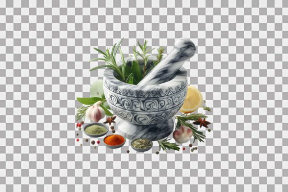 Marble Mortar with Different Herbs PNG Uses